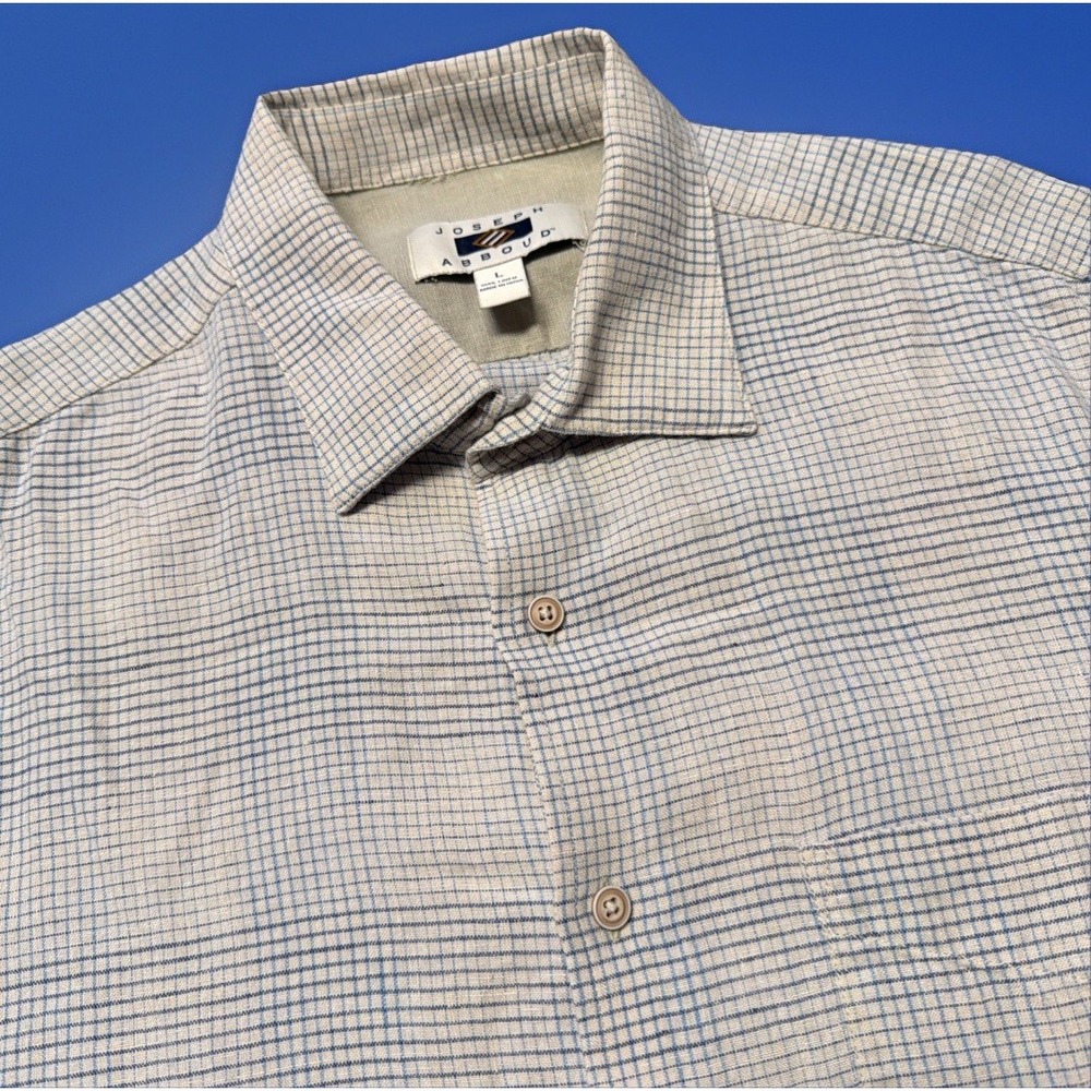 Joseph Abboud Shirt Men's Large Linen Short Sleeve Button Up Beige Plaidā